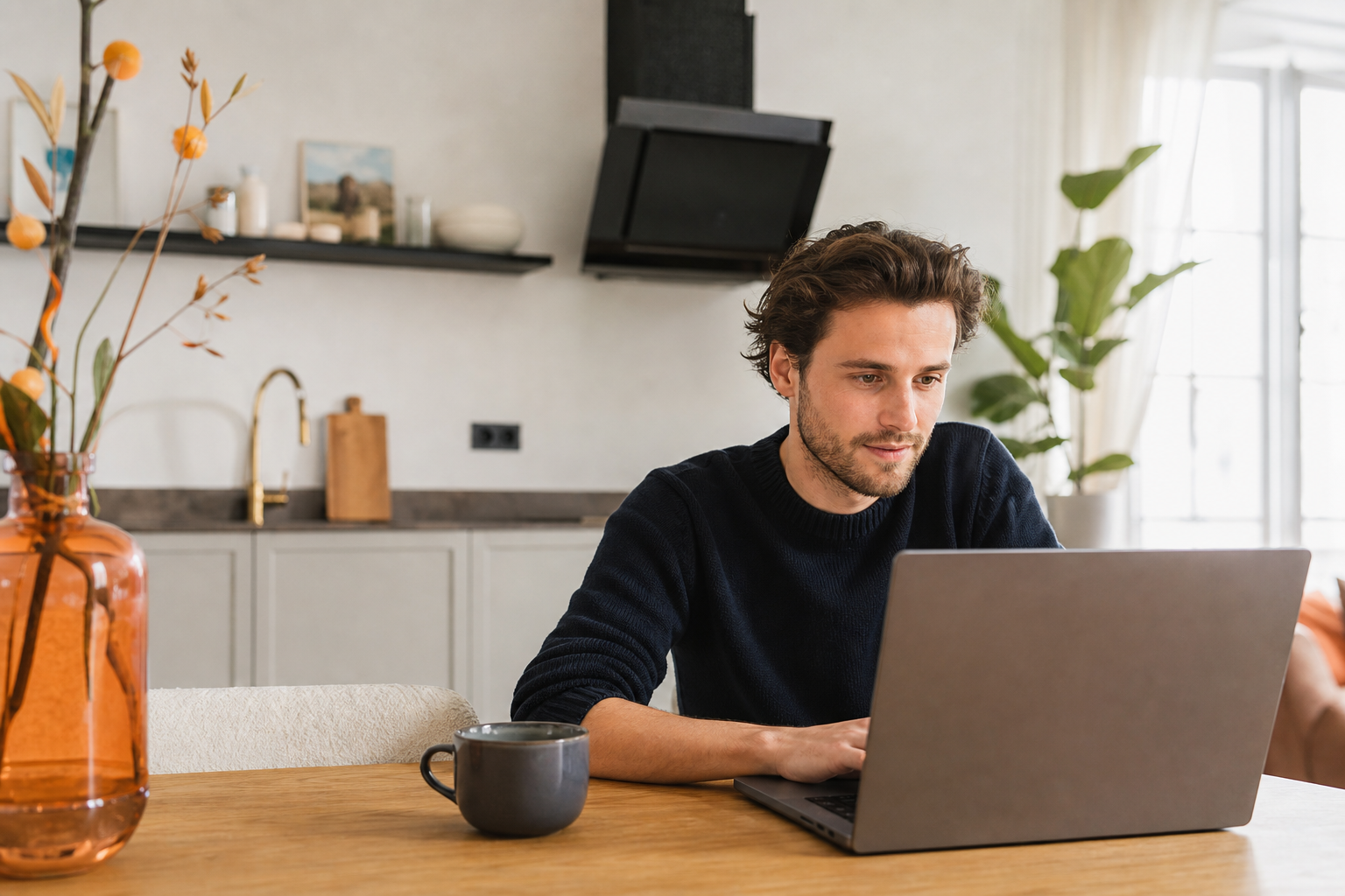 Huurder bekijkt het huurproces op een laptop in een lichte woning