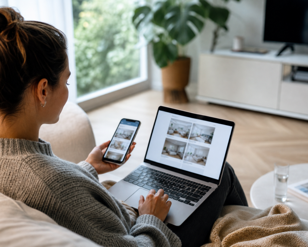 Huurder bekijkt huuraanbod op laptop en telefoon