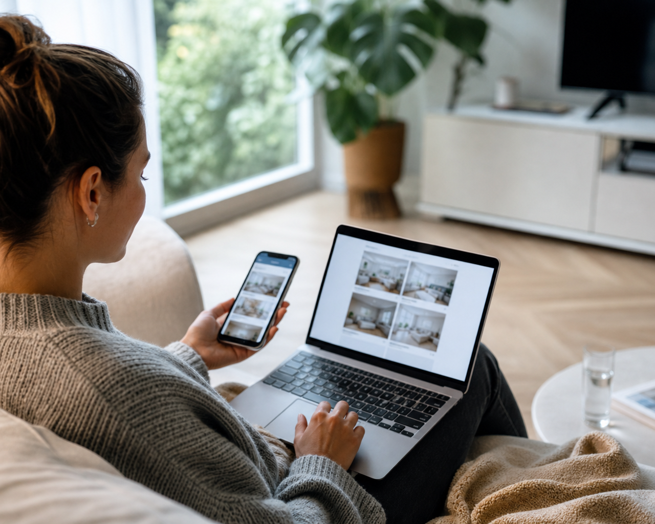 Huurder bekijkt huuraanbod op laptop en telefoon