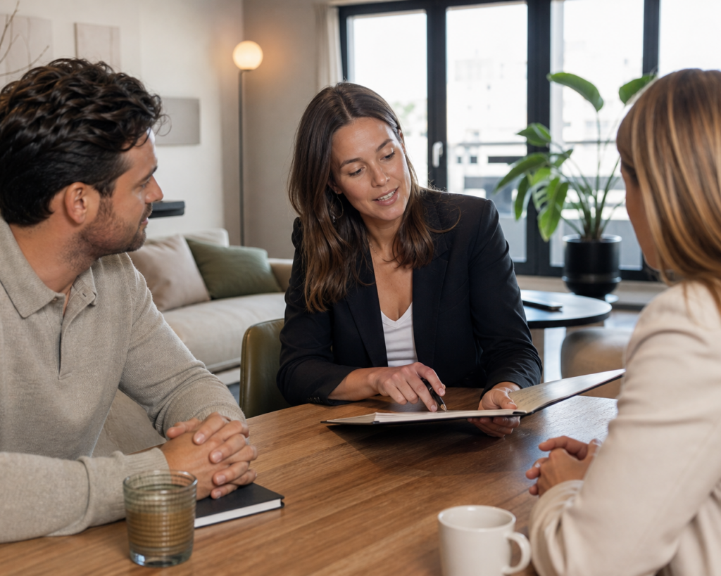 Makelaar bespreekt de toewijzing van een huurwoning